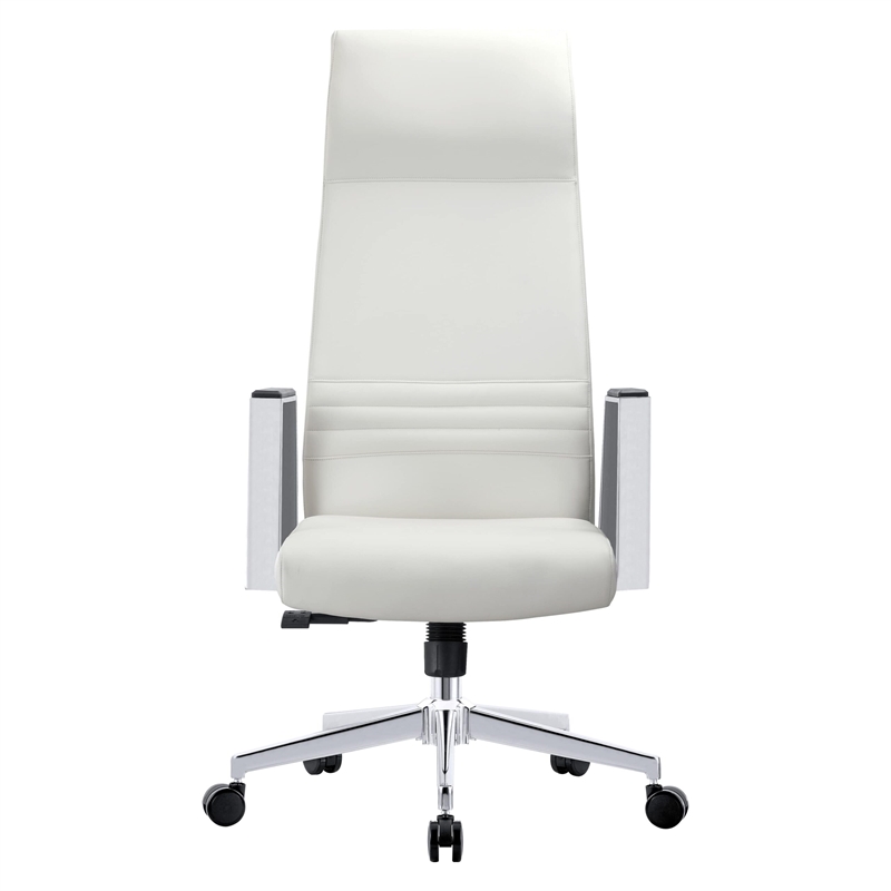 LeisureMod Aleen High-Back Faux Leather & Iron Swivel Office Chair in White