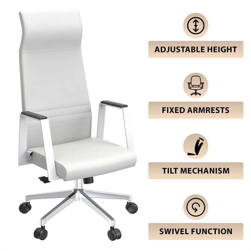 LeisureMod Aleen High-Back Faux Leather & Iron Swivel Office Chair in White