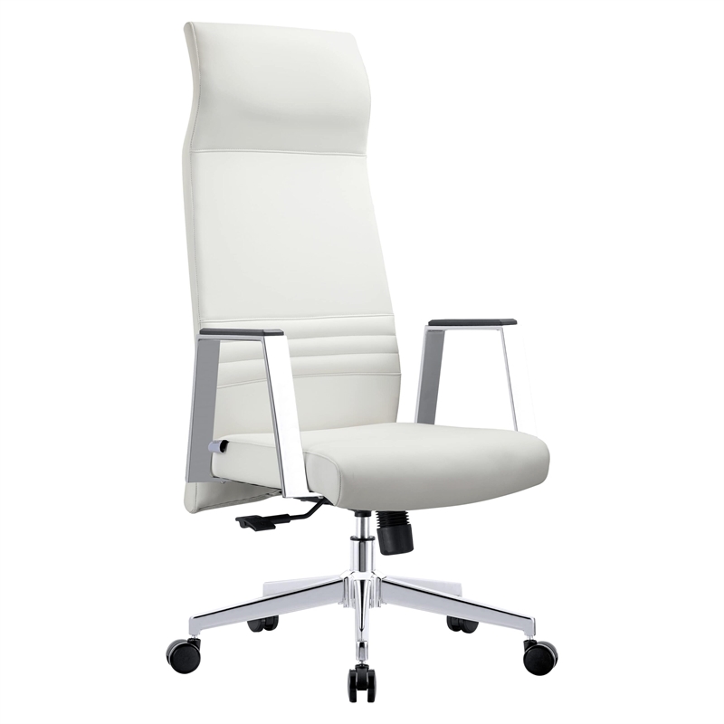 LeisureMod Aleen High-Back Faux Leather & Iron Swivel Office Chair in White