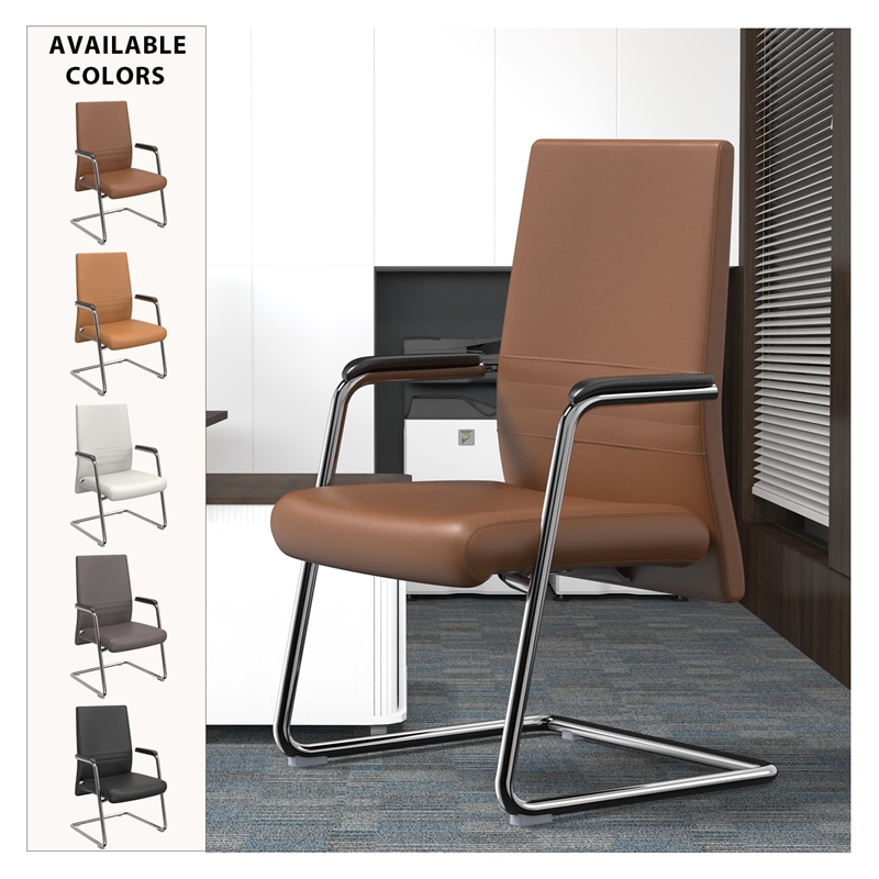 LeisureMod Aleen Leather & Metal Office Chair with Fixed Armrest in Dark Brown