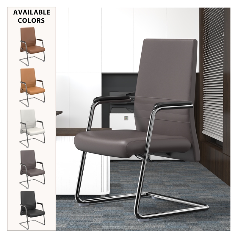 LeisureMod Aleen Leather & Metal Office Chair with Fixed Armrest in Gray