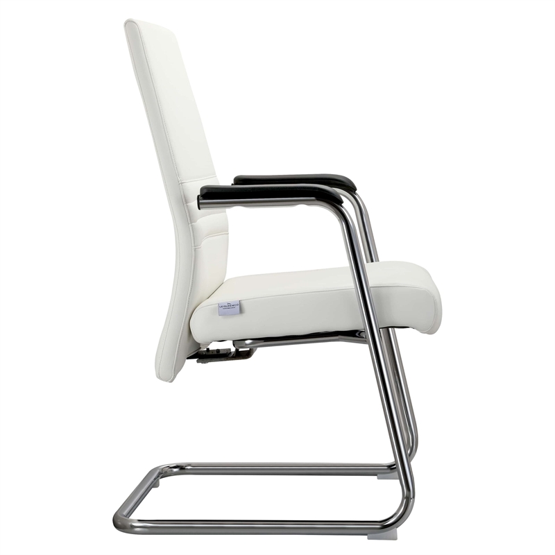 LeisureMod Aleen Leather & Metal Office Chair with Fixed Armrest in White
