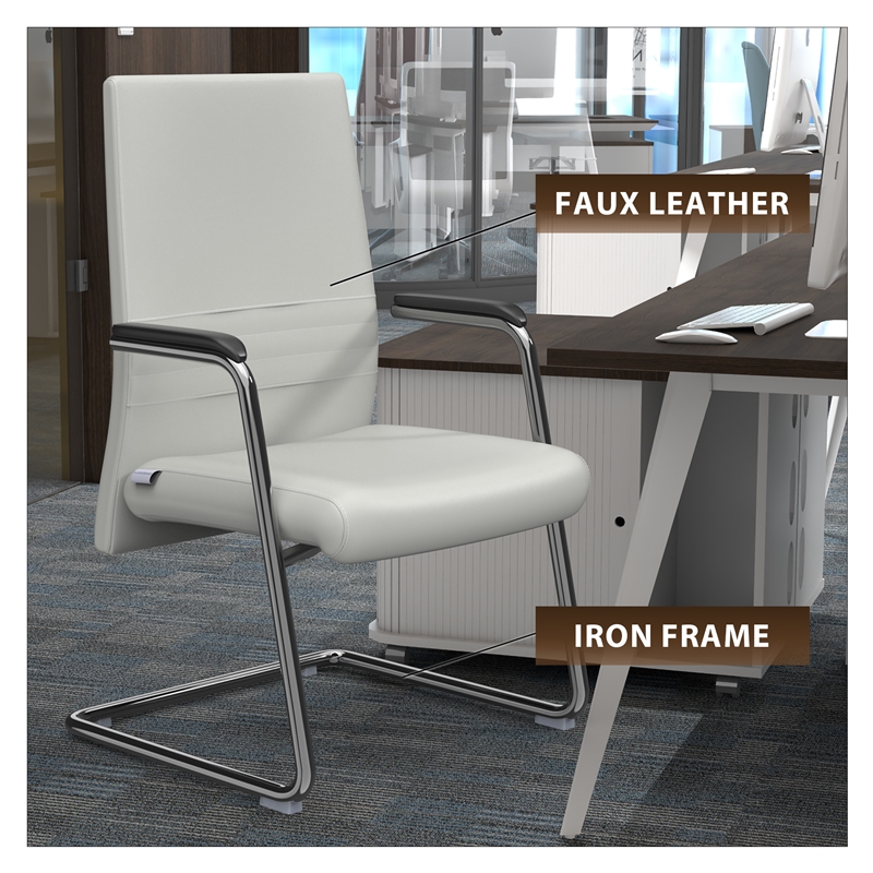 LeisureMod Aleen Leather & Metal Office Chair with Fixed Armrest in White