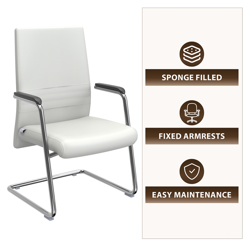LeisureMod Aleen Leather & Metal Office Chair with Fixed Armrest in White