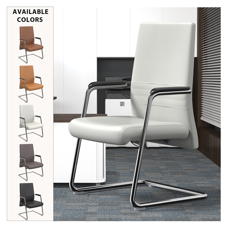 LeisureMod Aleen Leather & Metal Office Chair with Fixed Armrest in White