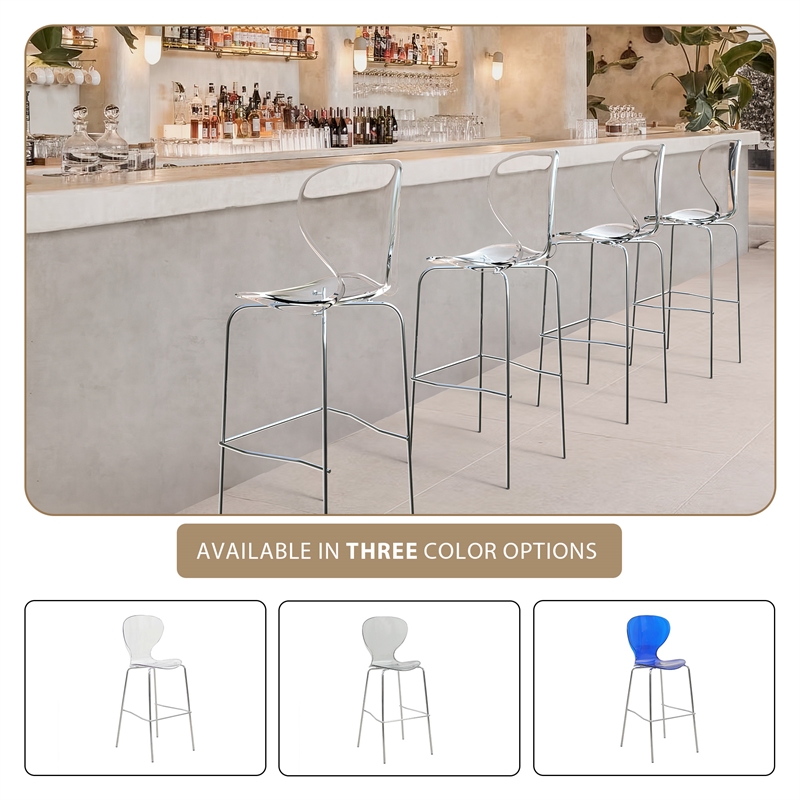 LeisureMod Oyster Plastic Barstool with Steel Frame Set of 2 Clear