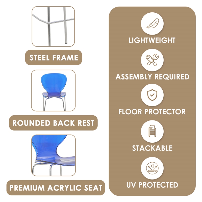 LeisureMod Oyster Plastic Barstool with Steel Frame Set of 2 Blue