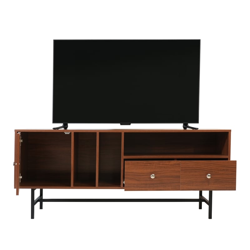 LeisureMod Rochester TV Stand with MDF Cabinet and Iron Legs in Walnut