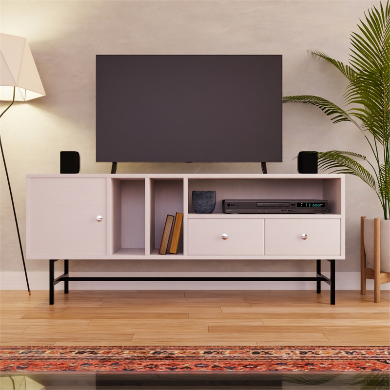LeisureMod Rochester TV Stand with MDF Cabinet and Iron Legs White