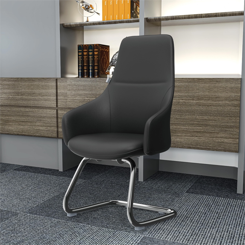 LeisureMod Celeste Faux Leather Conference Office Chair with Armrest Black