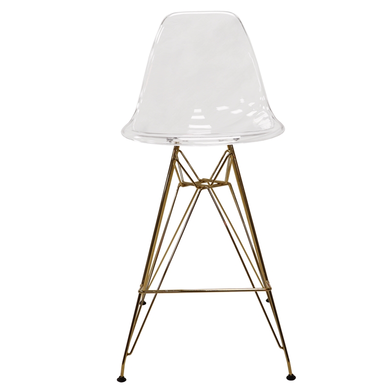 LeisureMod Cresco Plastic Barstool with Gold Chrome Base Clear