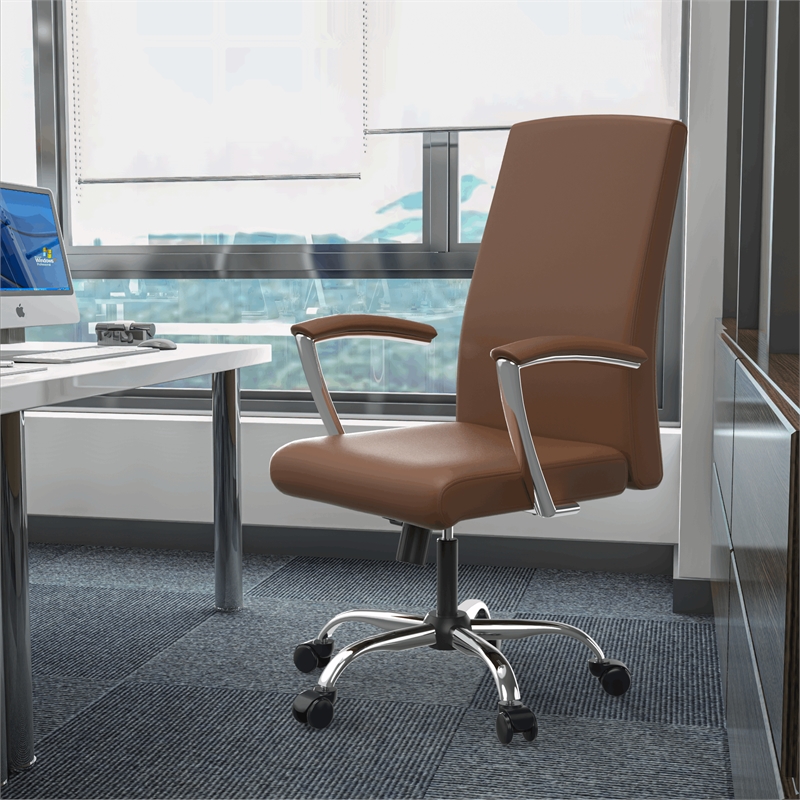 LeisureMod Evander Office Chair in Faux Leather with Silver Frame Dark Brown