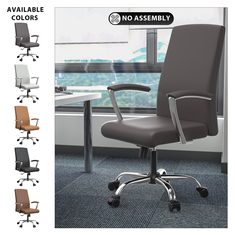 LeisureMod Evander Office Chair in Faux Leather with Silver Frame Grey