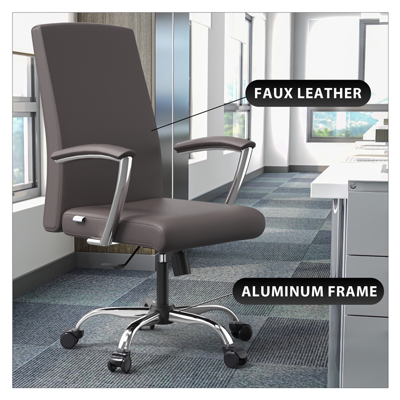 LeisureMod Evander Office Chair in Faux Leather with Silver Frame Grey