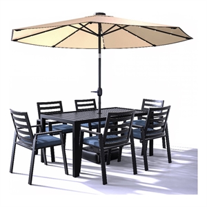 LeisureMod Chelsea 7-Piece Outdoor Dining Set in Black Aluminum Charcoal Blue