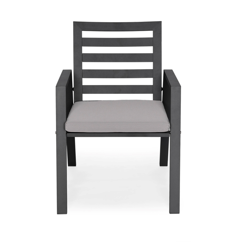 LeisureMod Chelsea 7-Piece Outdoor Dining Set in Black Aluminum Light Gray