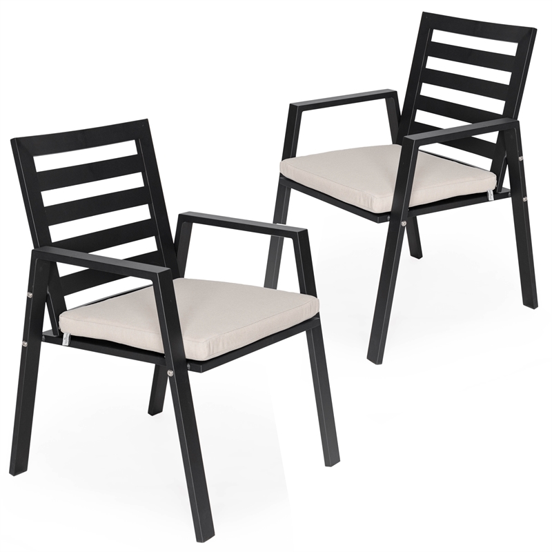 LeisureMod Chelsea Patio Dining Chair in Black Aluminum Set of 2 Beige