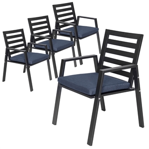 LeisureMod Chelsea Patio Dining Chair in Black Aluminum Set of 4 Charcoal Blue