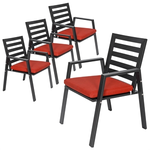 LeisureMod Chelsea Patio Dining Chair in Black Aluminum Set of 4 Cherry Red