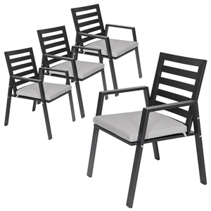 LeisureMod Chelsea Patio Dining Chair in Black Aluminum Set of 4 Light Grey