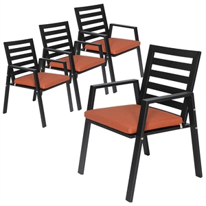 LeisureMod Chelsea Patio Dining Chair in Black Aluminum Set of 4 Orange