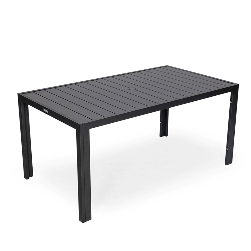 LeisureMod Chelsea 9-Piece Outdoor Dining Set in Black Aluminum Beige
