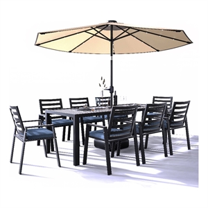 LeisureMod Chelsea 9-Piece Outdoor Dining Set in Black Aluminum Charcoal Blue