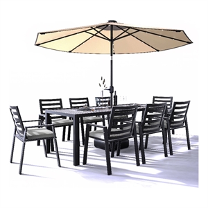 LeisureMod Chelsea 9-Piece Outdoor Dining Set in Black Aluminum Light Gray