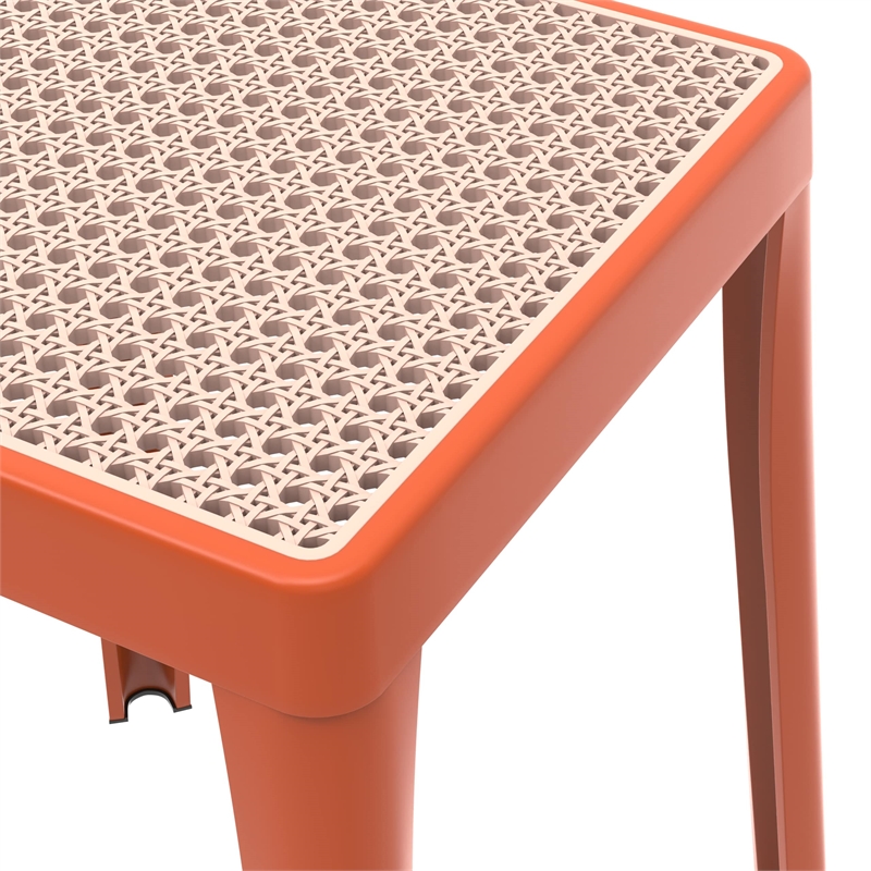 LeisureMod Tresse Stackable Square Plastic Dining Stool with Wicker Top Orange