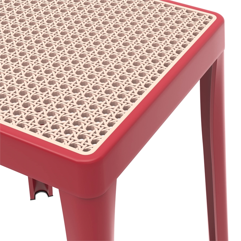 LeisureMod Tresse Stackable Square Plastic Dining Stool with Wicker Top Red