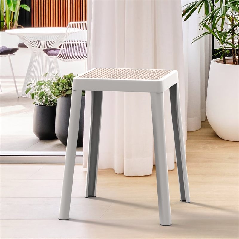 LeisureMod Tresse Stackable Square Plastic Dining Stool with Wicker Top White