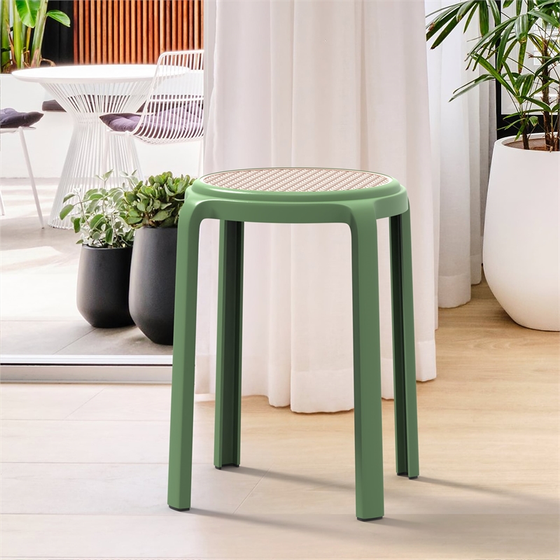 LeisureMod Tresse Stackable Round Plastic Dining Stool with Wicker Top Green