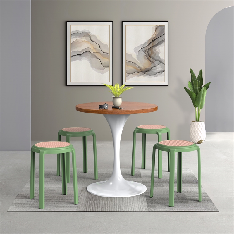 LeisureMod Tresse Stackable Round Plastic Dining Stool with Wicker Top Green
