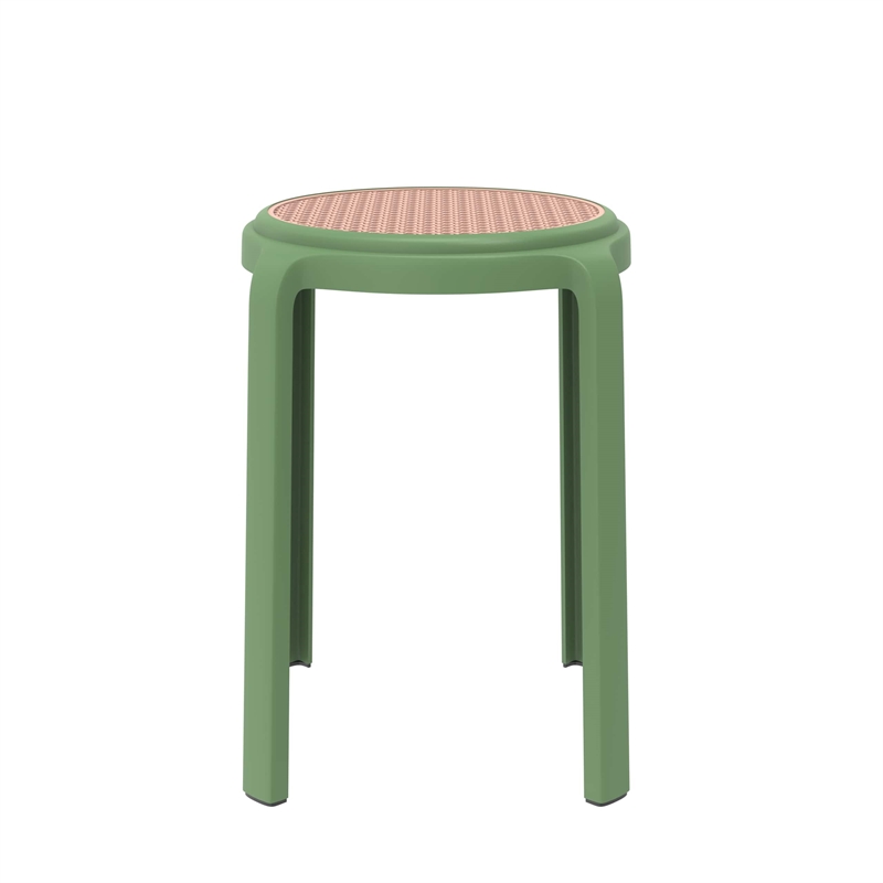 LeisureMod Tresse Stackable Round Plastic Dining Stool with Wicker Top Green