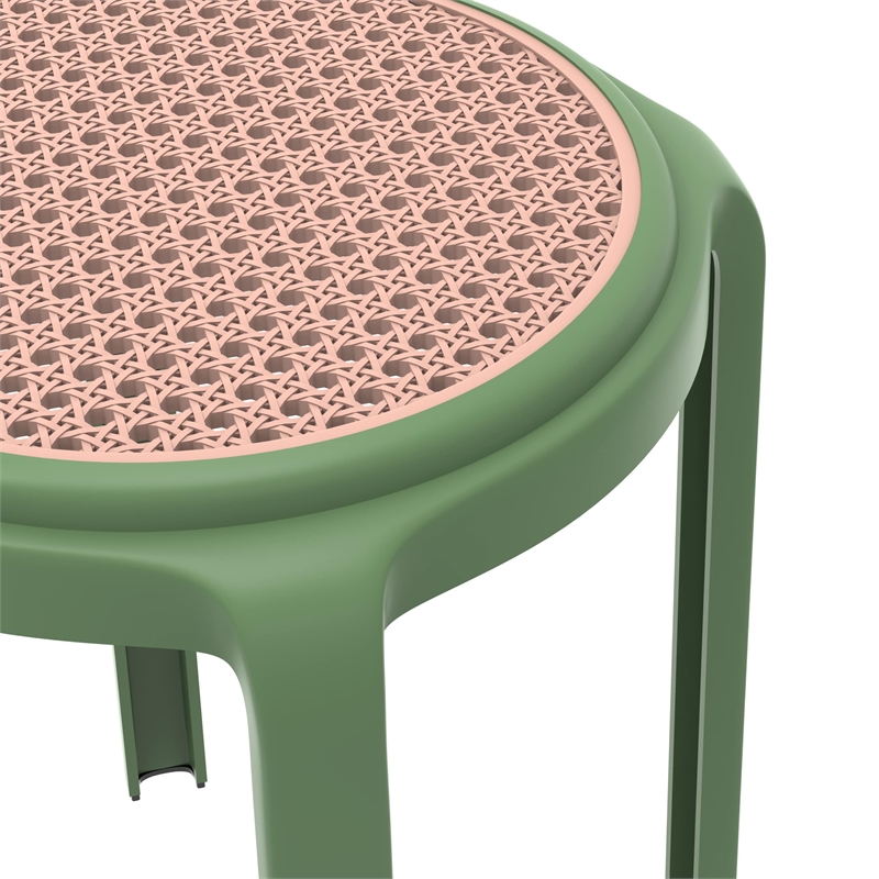 LeisureMod Tresse Stackable Round Plastic Dining Stool with Wicker Top Green
