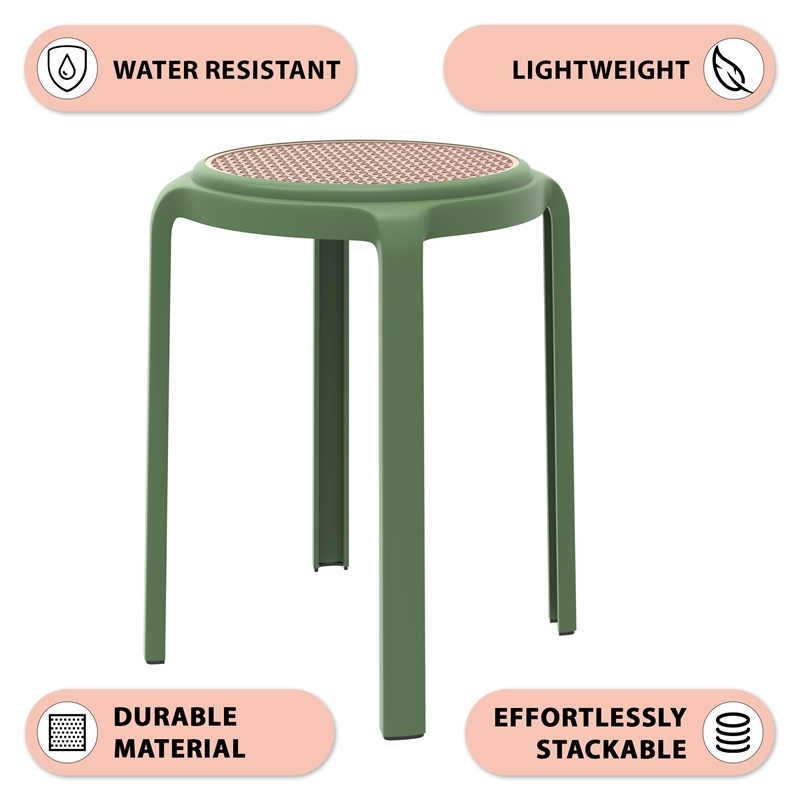 LeisureMod Tresse Stackable Round Plastic Dining Stool with Wicker Top Green