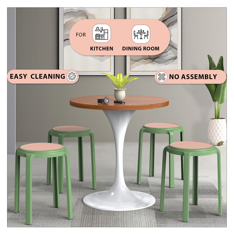 LeisureMod Tresse Stackable Round Plastic Dining Stool with Wicker Top Green