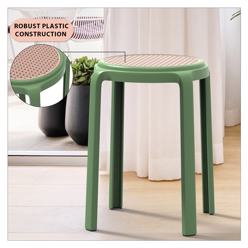 LeisureMod Tresse Stackable Round Plastic Dining Stool with Wicker Top Green