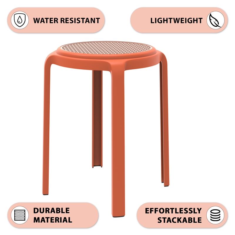 LeisureMod Tresse Stackable Round Plastic Dining Stool with Wicker Top Gray