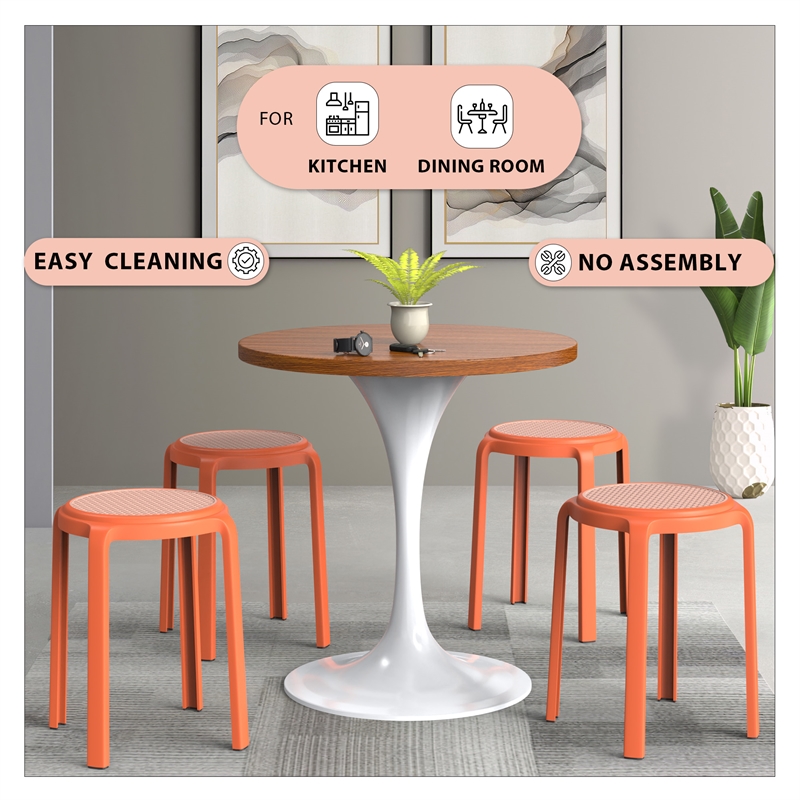 LeisureMod Tresse Stackable Round Plastic Dining Stool with Wicker Top Gray