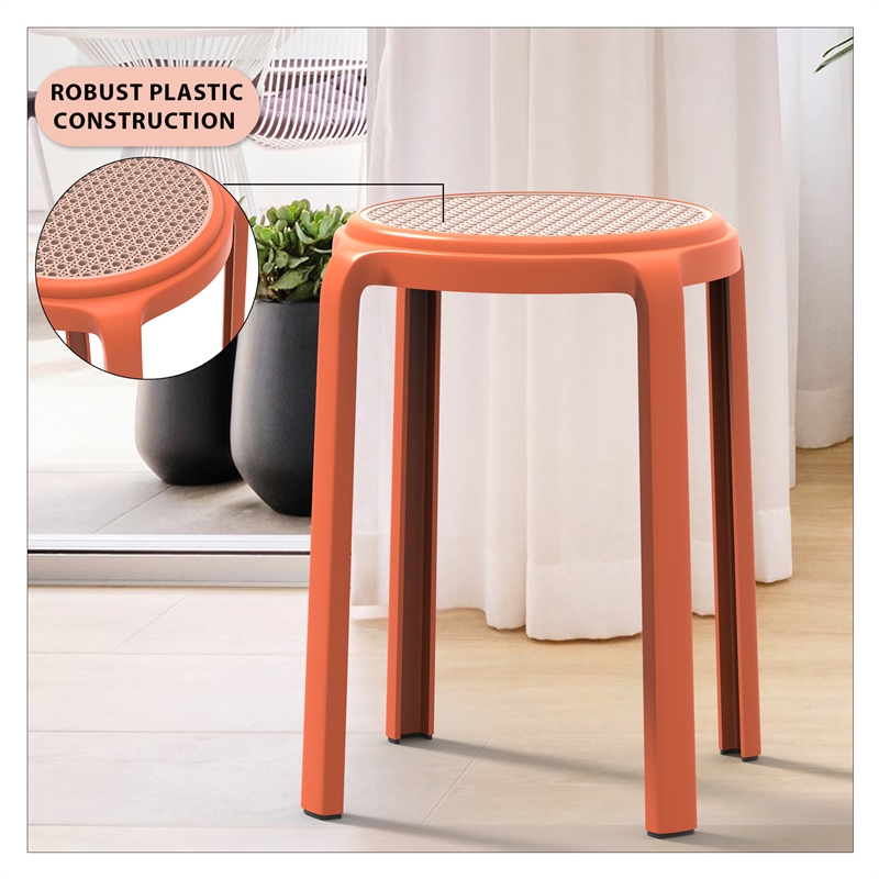 LeisureMod Tresse Stackable Round Plastic Dining Stool with Wicker Top Gray