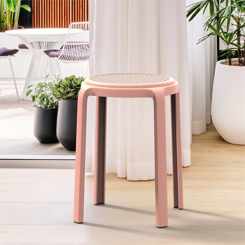 LeisureMod Tresse Stackable Round Plastic Dining Stool with Wicker Top Orange