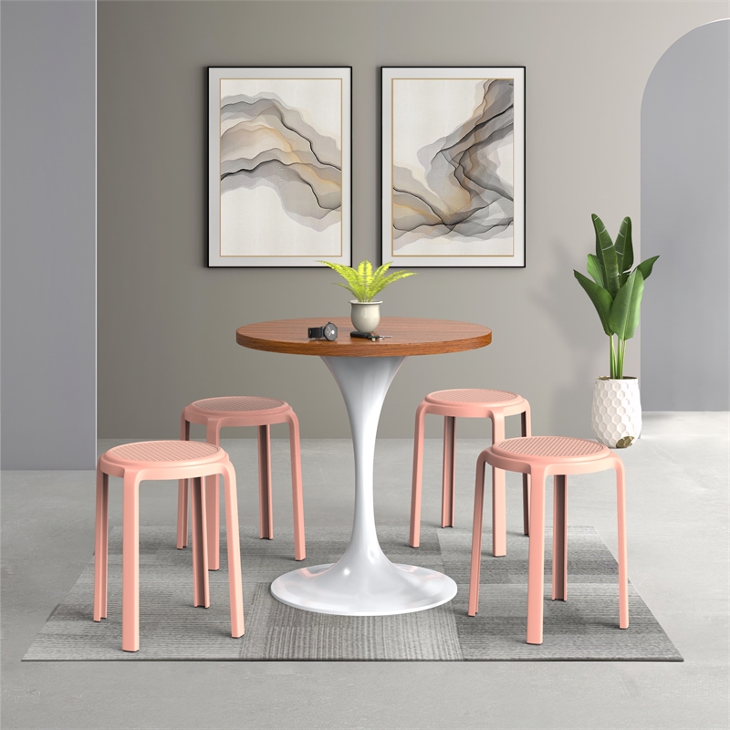 LeisureMod Tresse Stackable Round Plastic Dining Stool with Wicker Top Orange