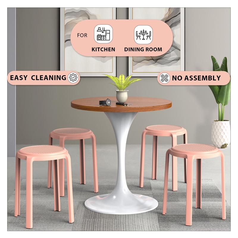 LeisureMod Tresse Stackable Round Plastic Dining Stool with Wicker Top Orange