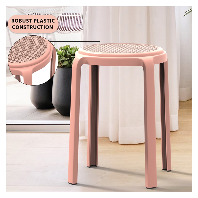 LeisureMod Tresse Stackable Round Plastic Dining Stool with Wicker Top Orange