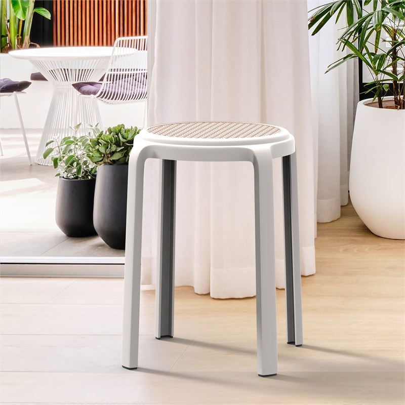 LeisureMod Tresse Stackable Round Plastic Dining Stool with Wicker Top Red