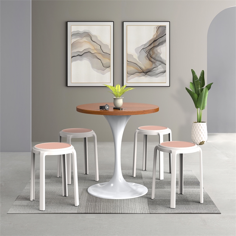 LeisureMod Tresse Stackable Round Plastic Dining Stool with Wicker Top Red