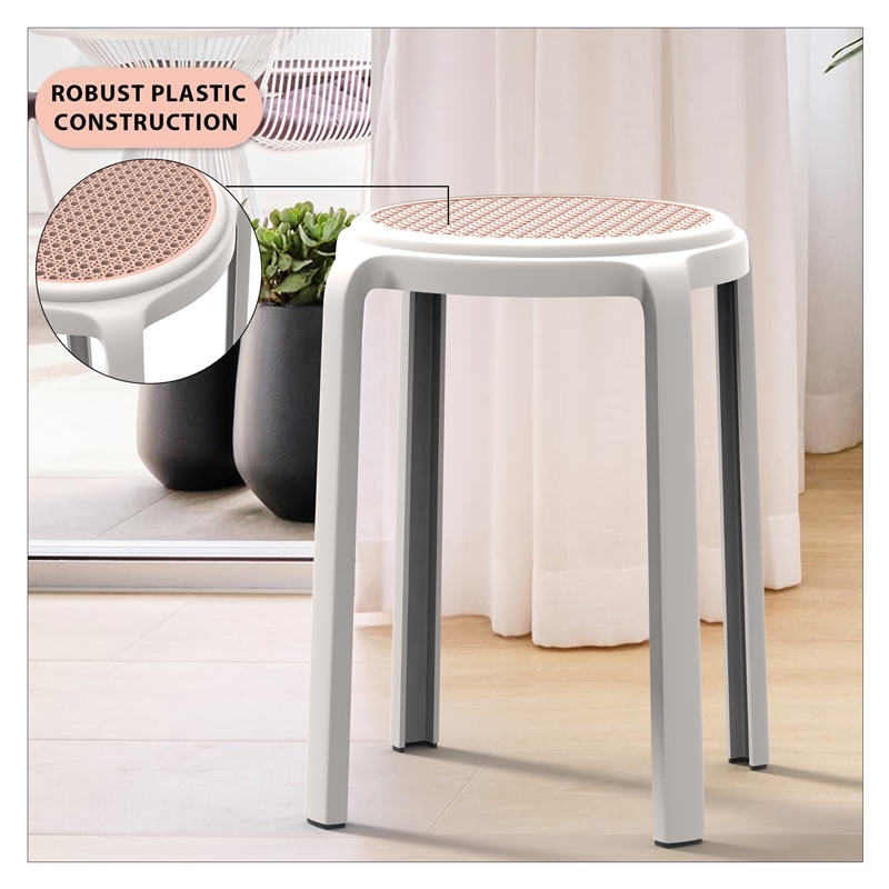 LeisureMod Tresse Stackable Round Plastic Dining Stool with Wicker Top Red