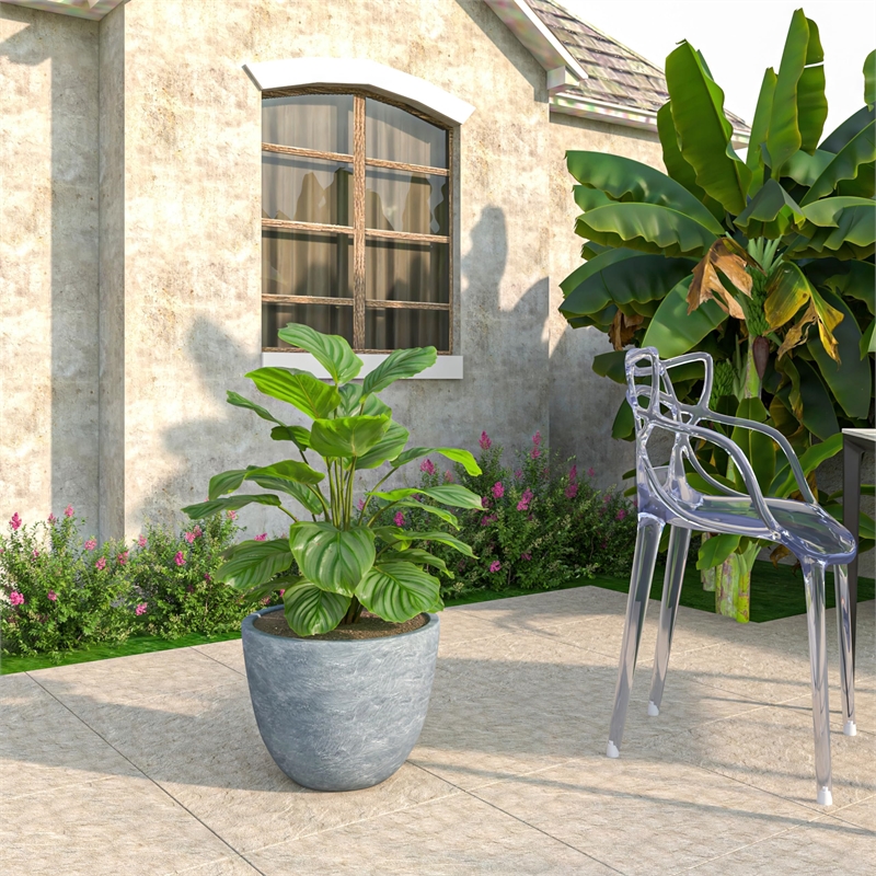 LeisureMod Modern Dahlia Fiberstone and Clay Round Planter Aged Concrete 13.6