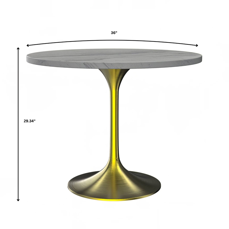 LeisureMod Verve Round Dining Table with Resin Top and Brushed Gold Base 36